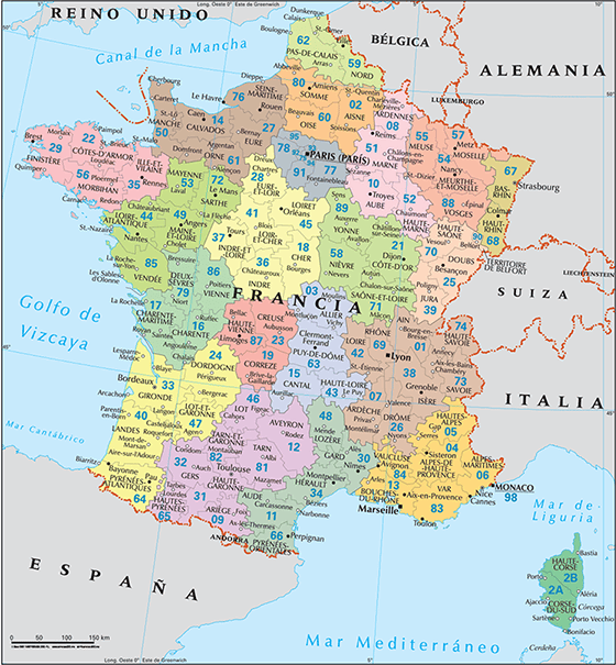mapa francia con códigos postales
